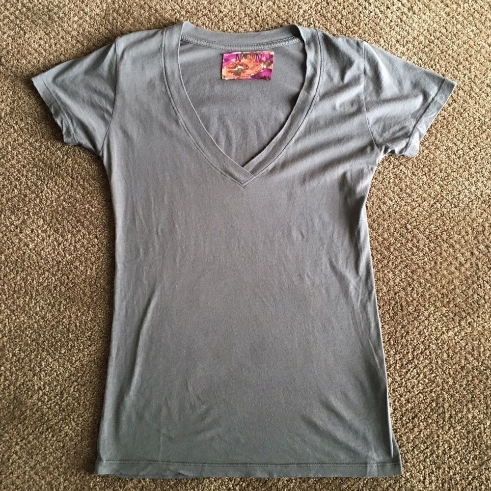 Nation V Neck Grey Basic T-Shirt